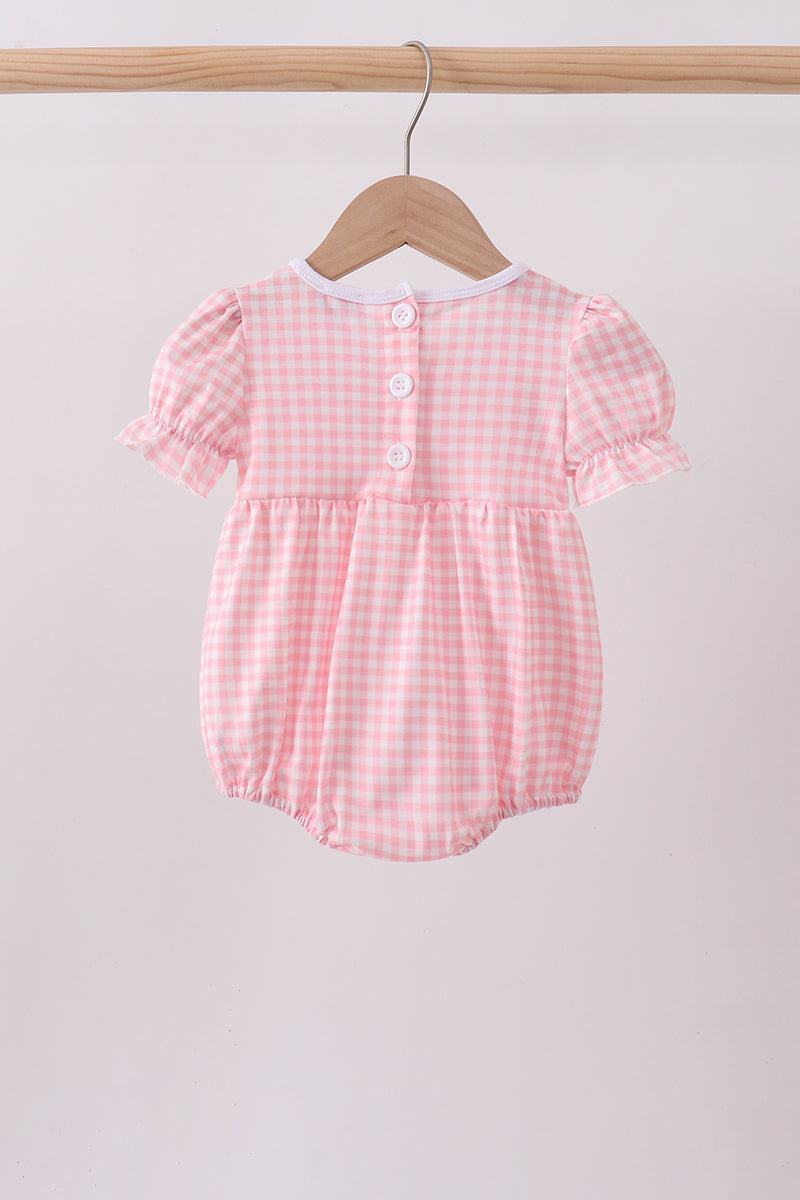 Pink Gingham Animal Embroidered Knit Bubble
