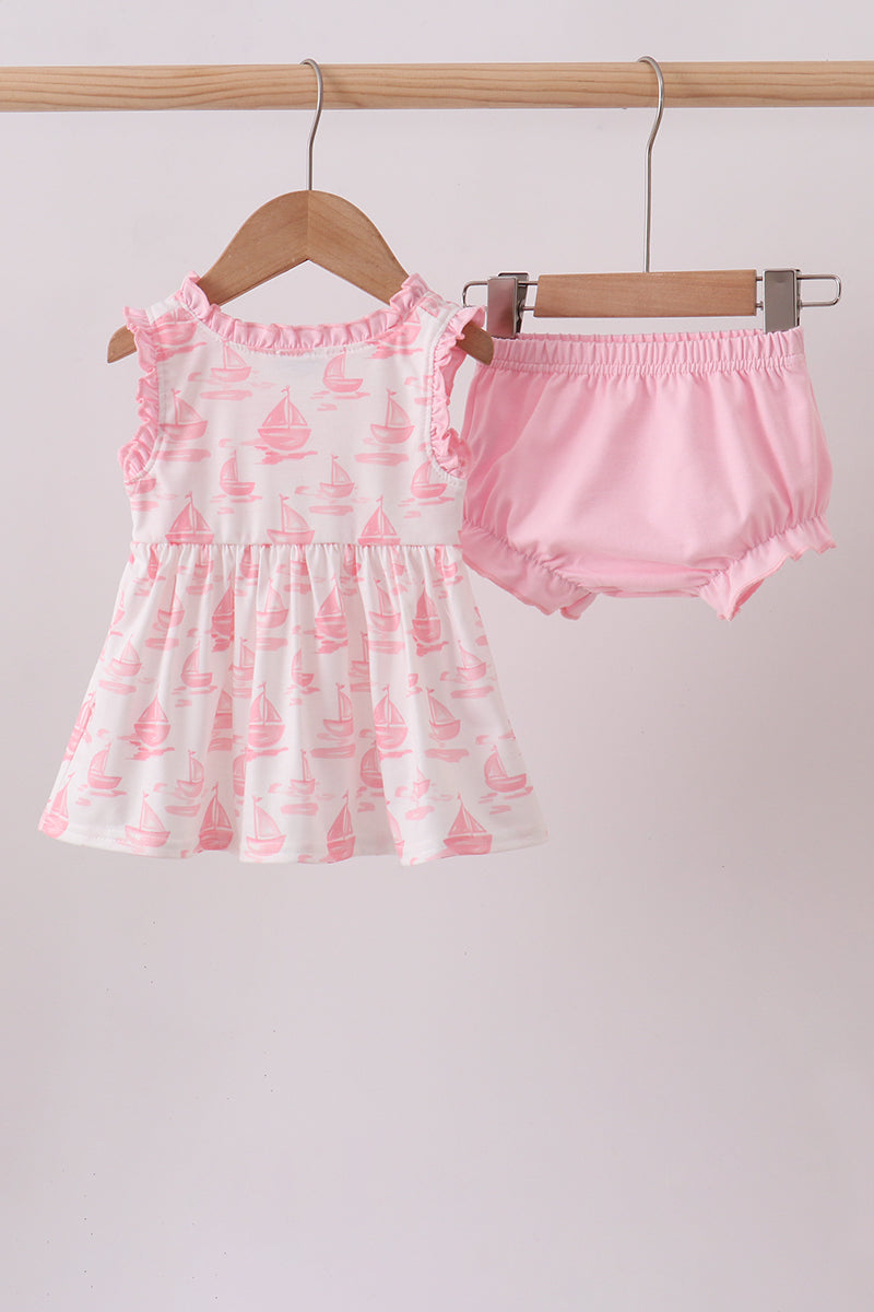 Pink Sailboat Embroidered Knit Bloomer Set