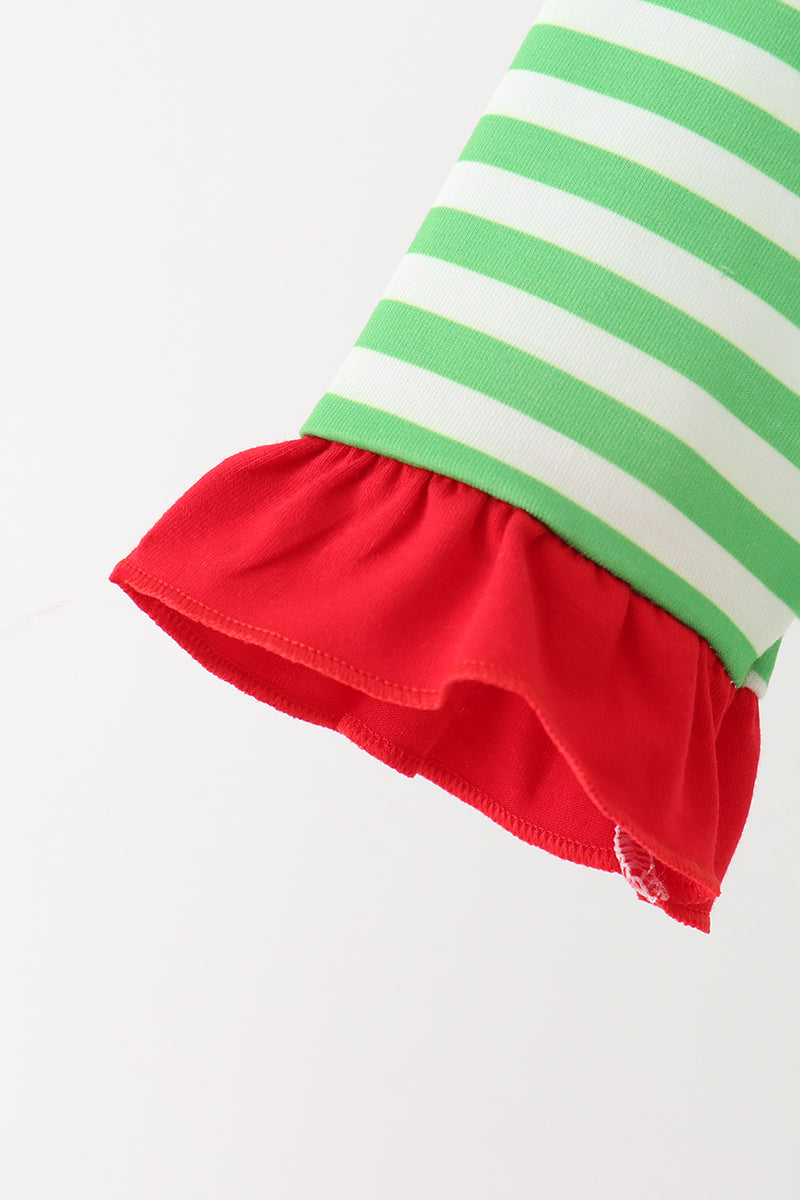 Green stripe grinch embroidery ruffle pajama set