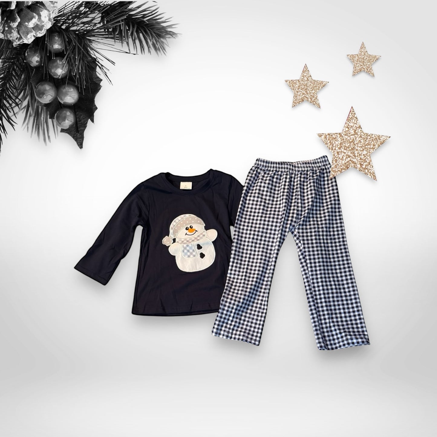 Navy Long Sleeve Snowman Shirt & Navy Plaid Pants