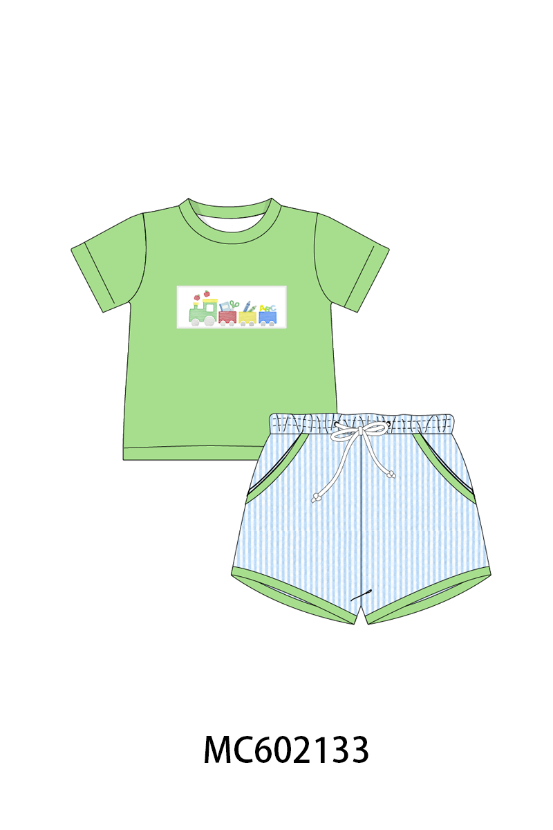 Green Train Embroidered Seersucker Set