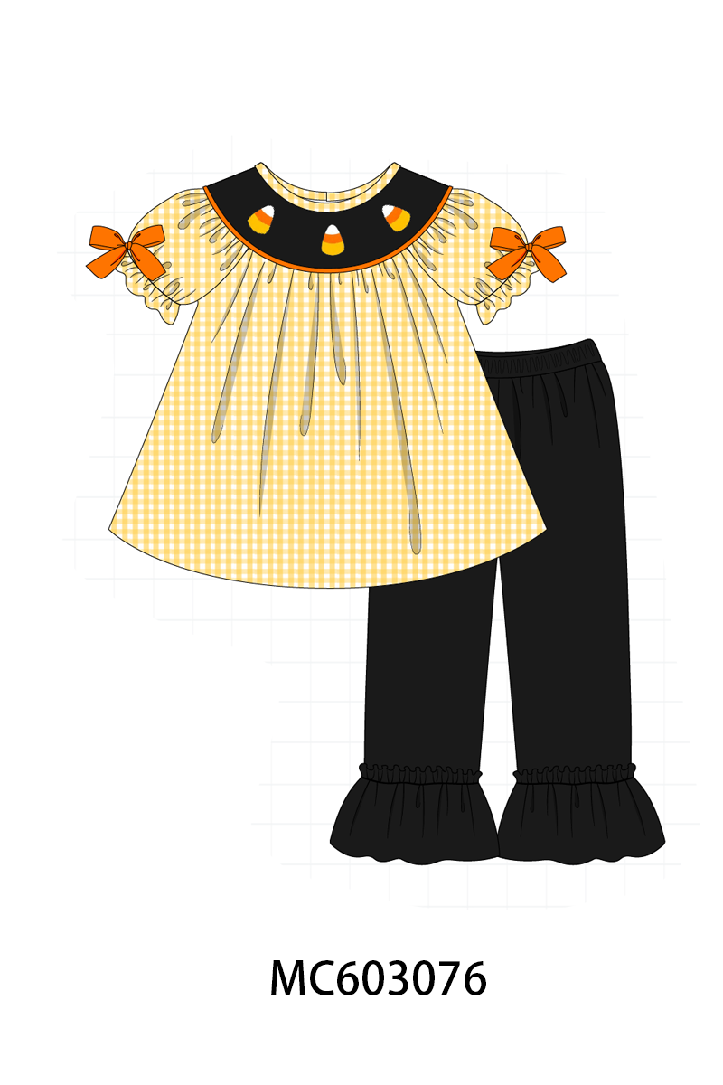Mustard Candy Embroidery Gingham Ruffle Pants Set