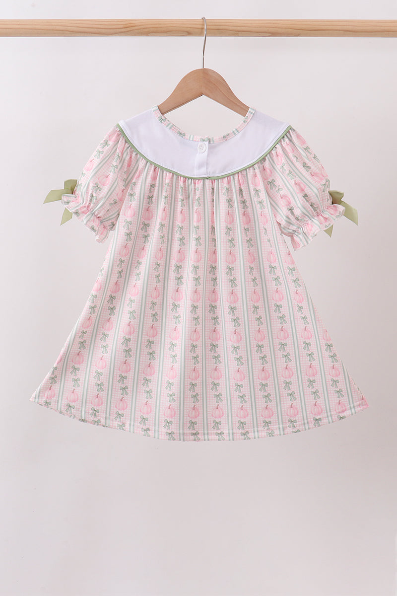 Sage Pumpkin Bow Embroidery Dress