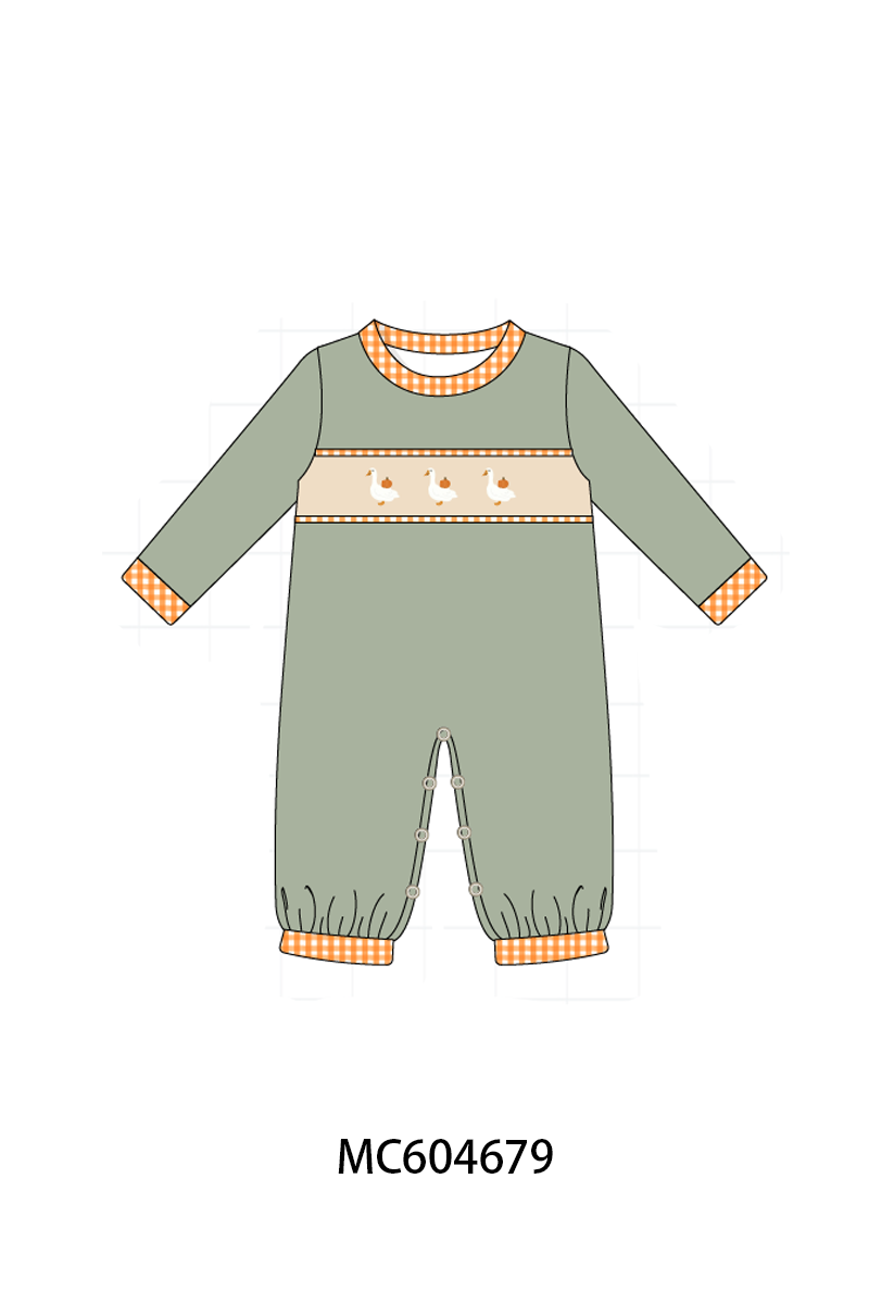 Green goose pumpkin embroidery romper