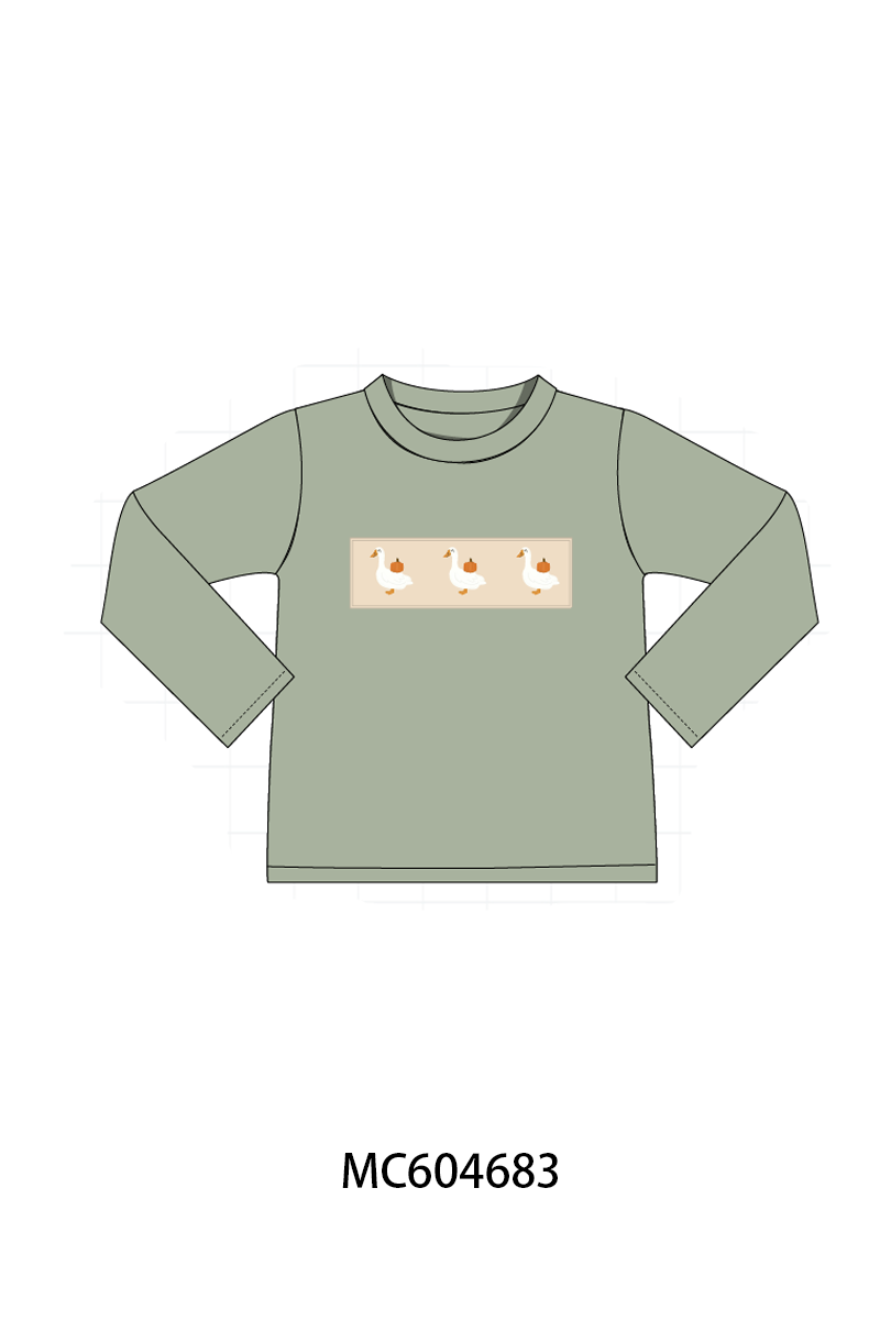 Green goose pumpkin embroidery top