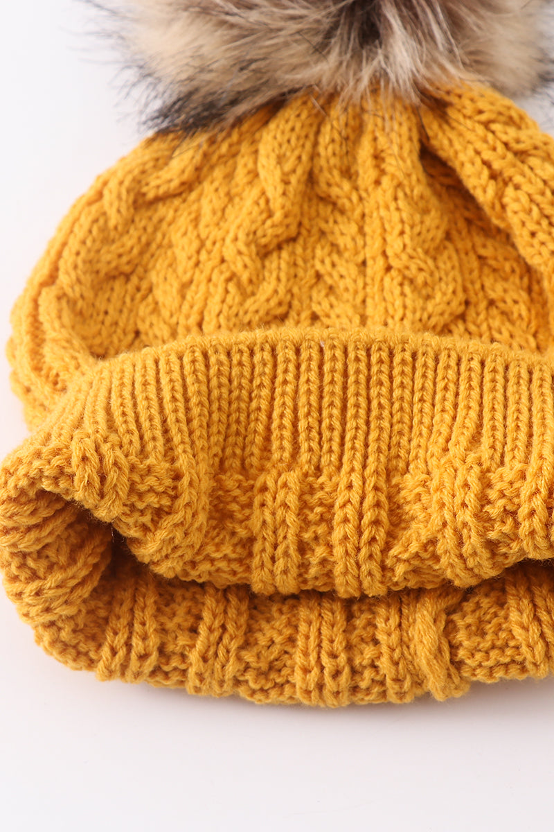 Mustard cable knit pom pom beanie hat baby toddler adult