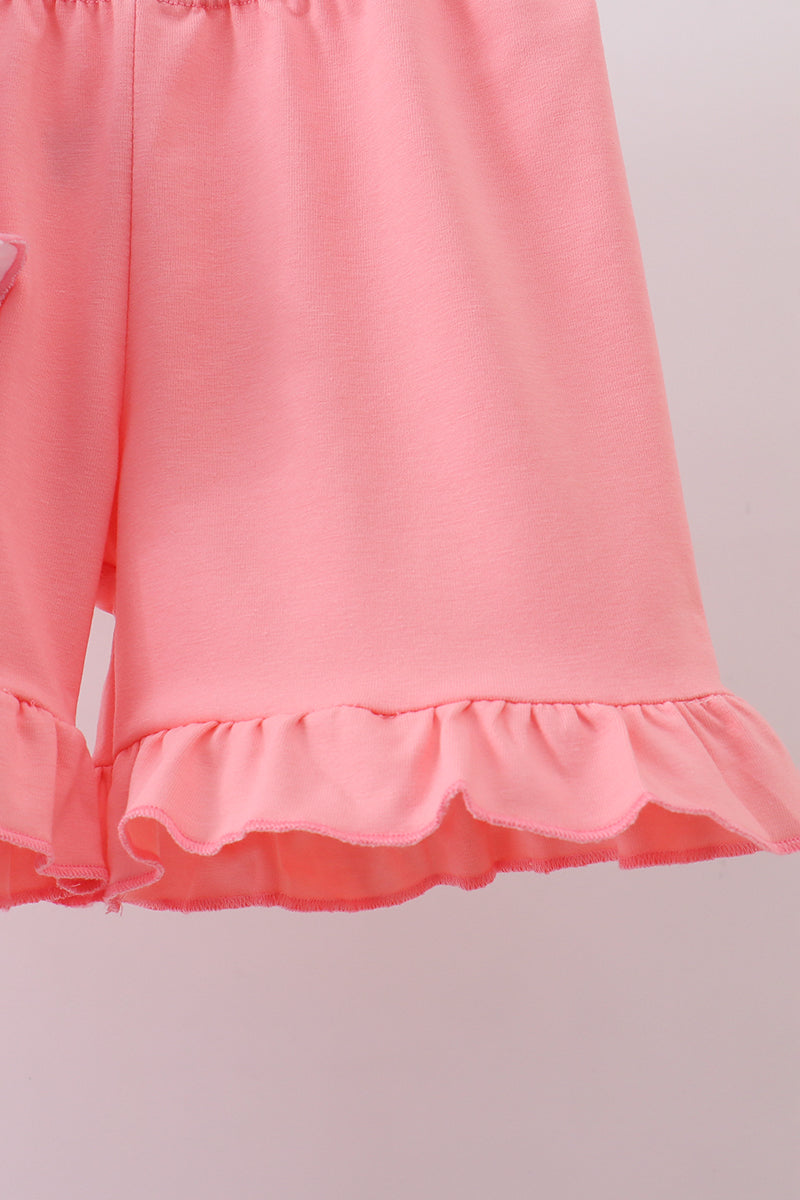 Pink bunny embroidery ruffle shorts set