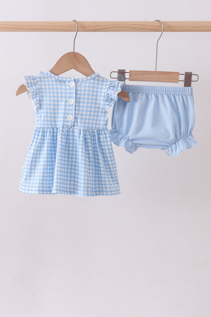 Blue cross bow embroidery ruffle gingham bloomer set