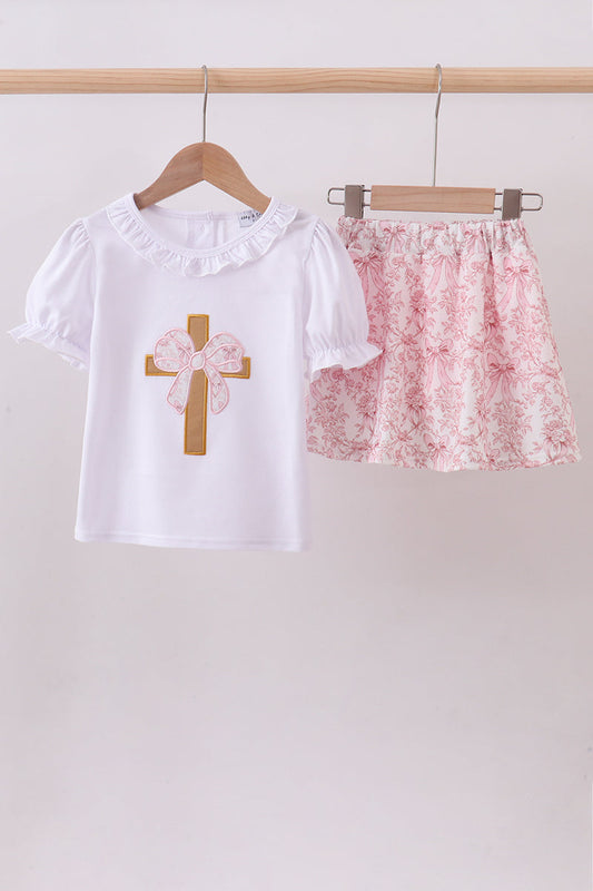 Pink bowknot cross applique skort set