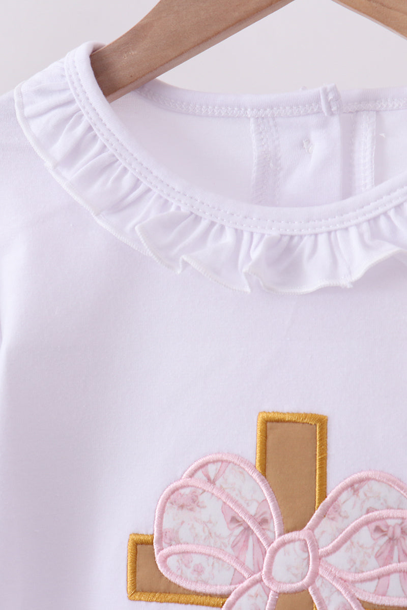 Pink bowknot cross applique skort set