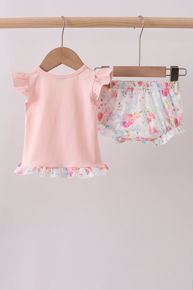 Pink floral bunny applique romper