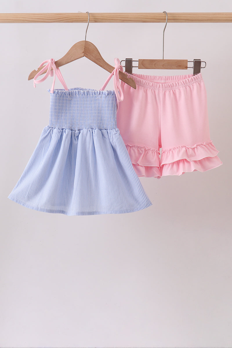Blue Stripe Bow Smocked Ruffle Shorts Set