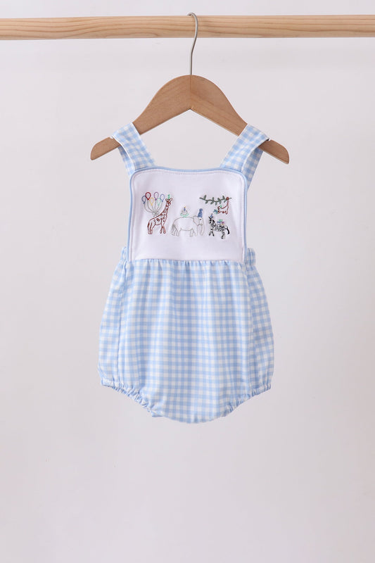 Blue Gingham Animal Embroidered Knit Bubble