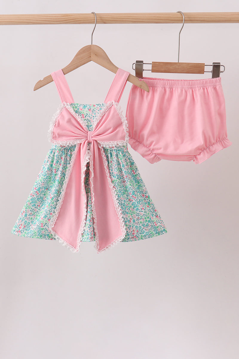 Pink Bow Floral Knit Bloomer Set