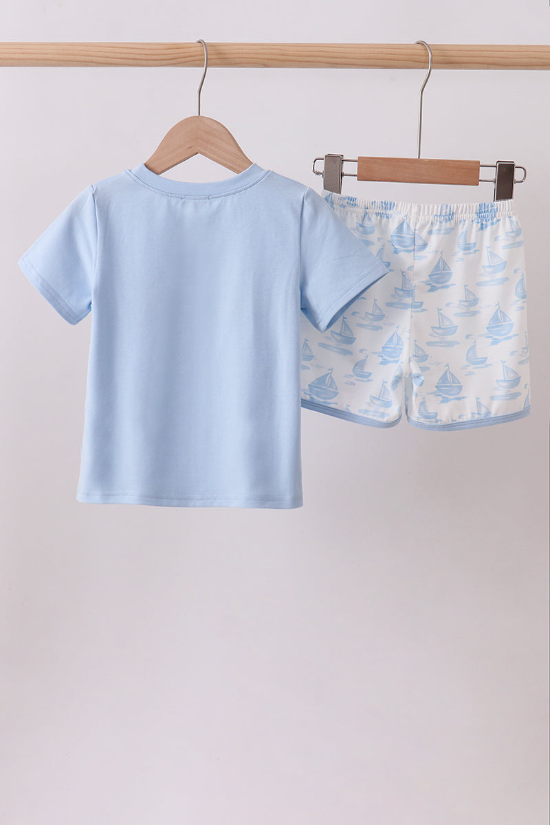 Blue Sailboat Embroidered Knit Set