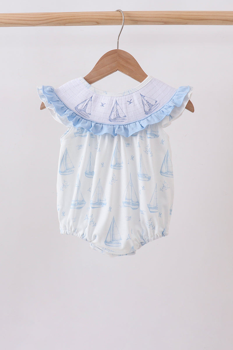 Blue Sailboat Smocked Ruffle Bubble