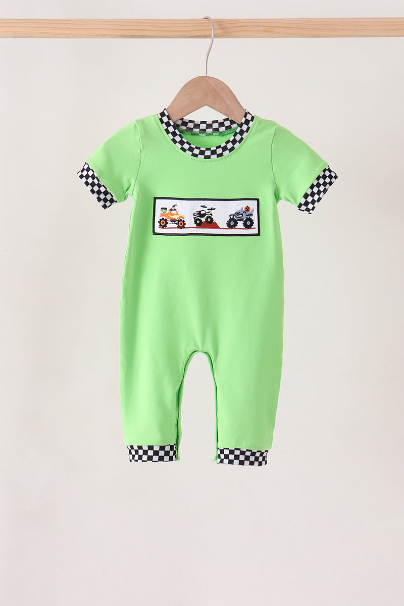 Green car embroidery checkered romper