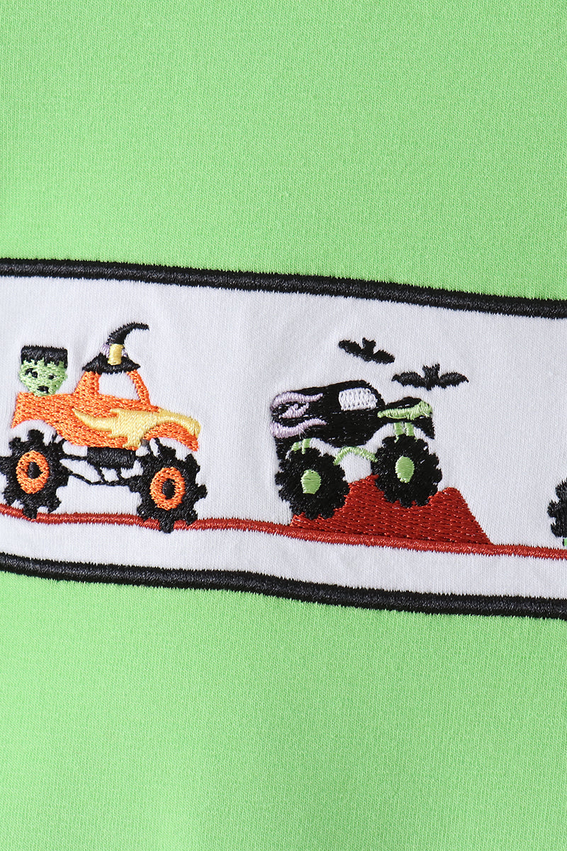 Green car embroidery checkered romper