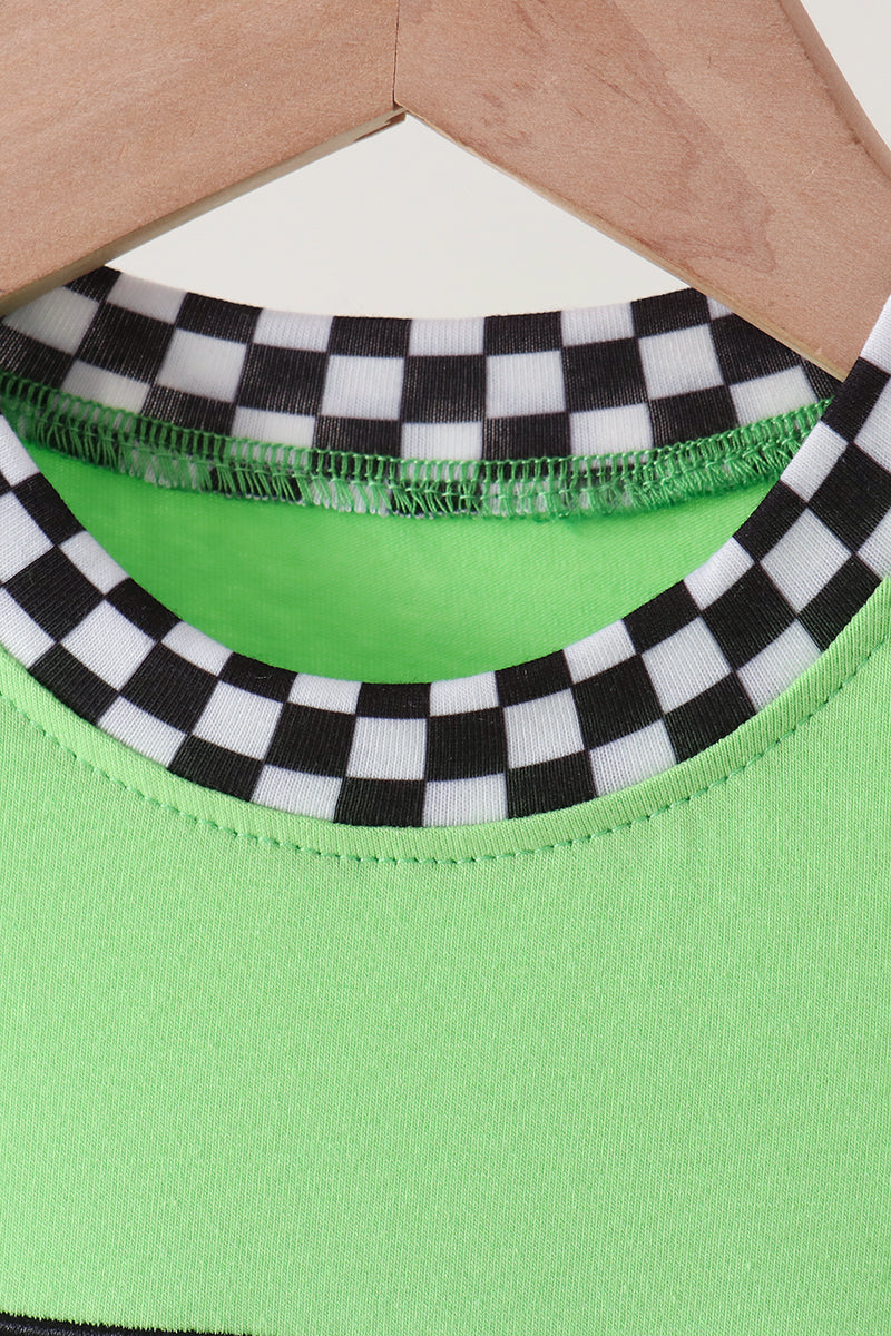 Green car embroidery checkered romper