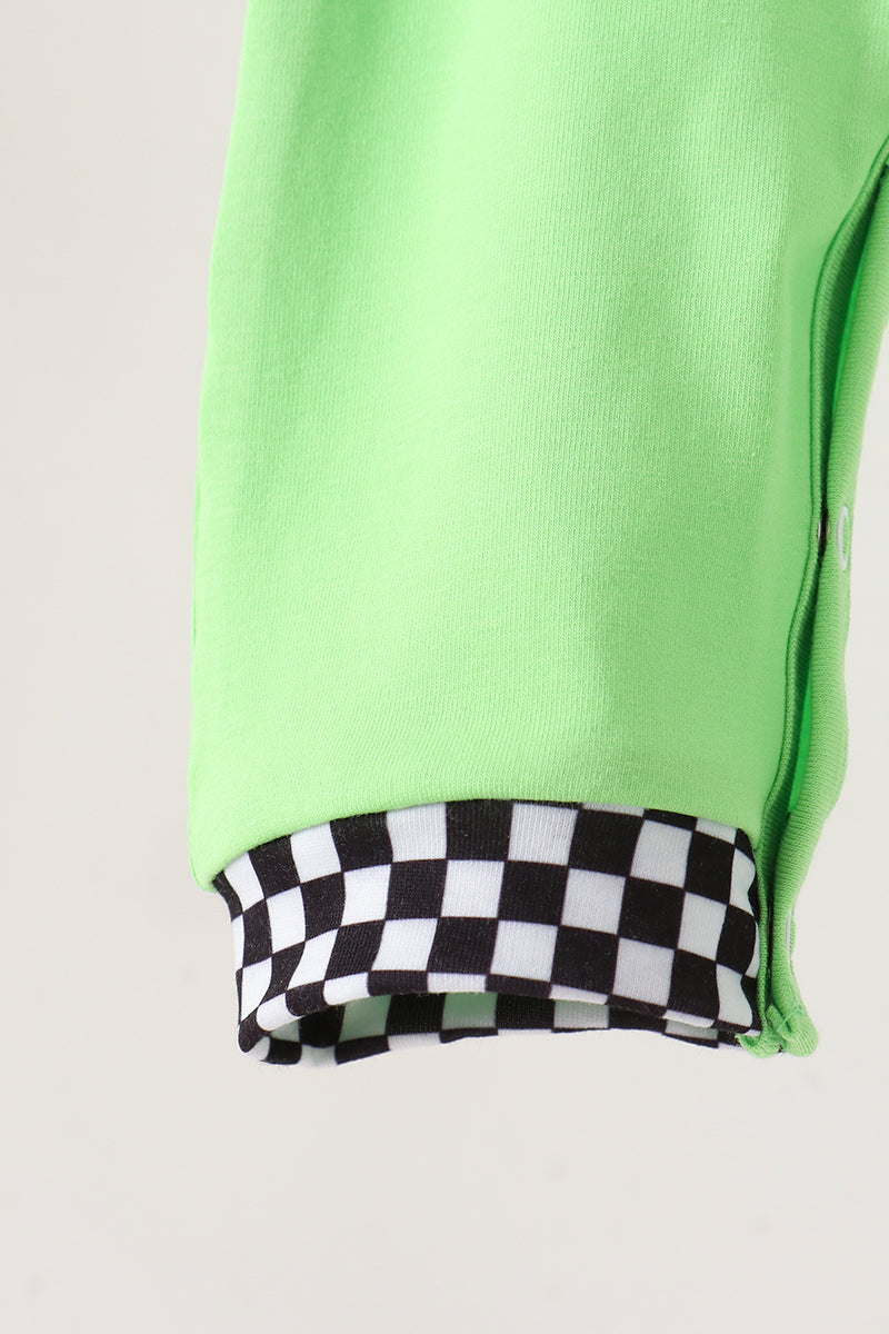 Green car embroidery checkered romper
