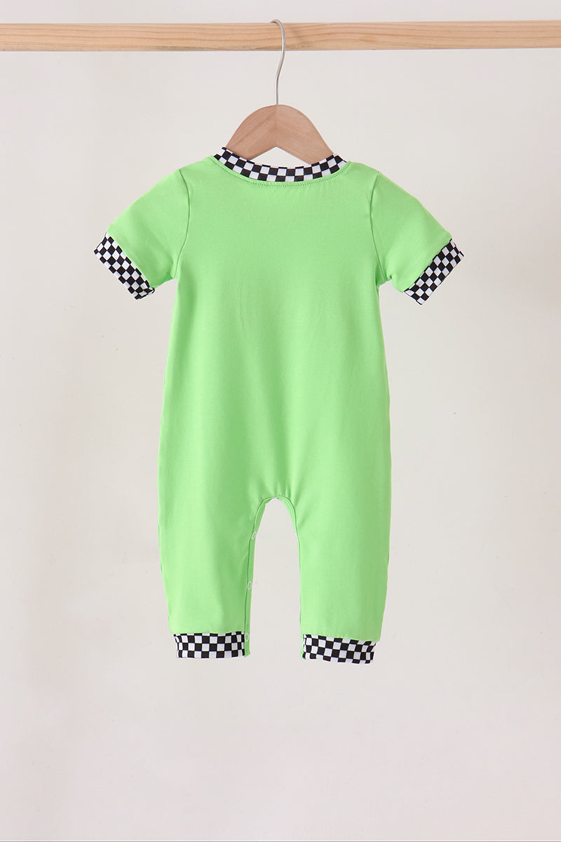 Green car embroidery checkered romper