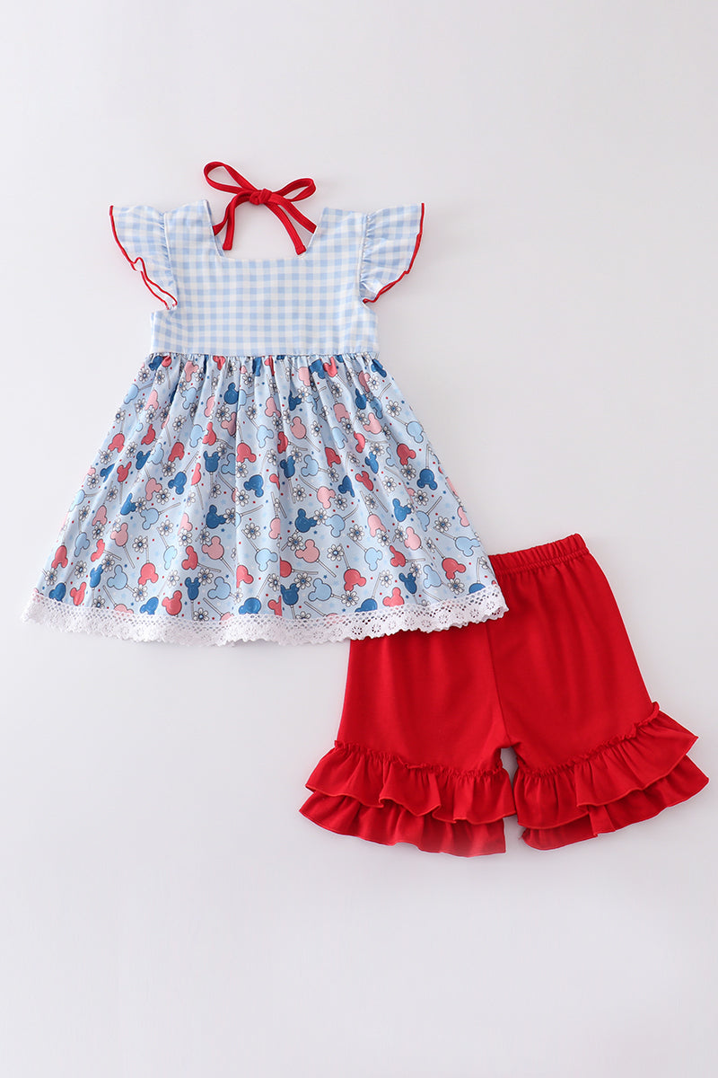 Patriotic day character print plaid girl set *M*i*c*k*e*y*