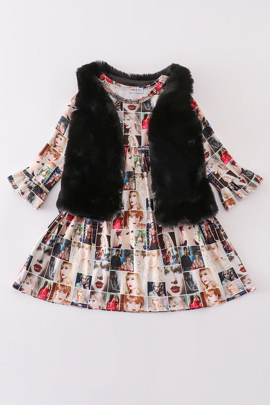 T*a*y*l*o*r**S*w*i*f*t* Black Fur vest music fan print dress set