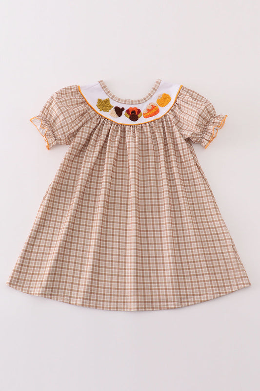 Brown plaid turkey french knot girl dress