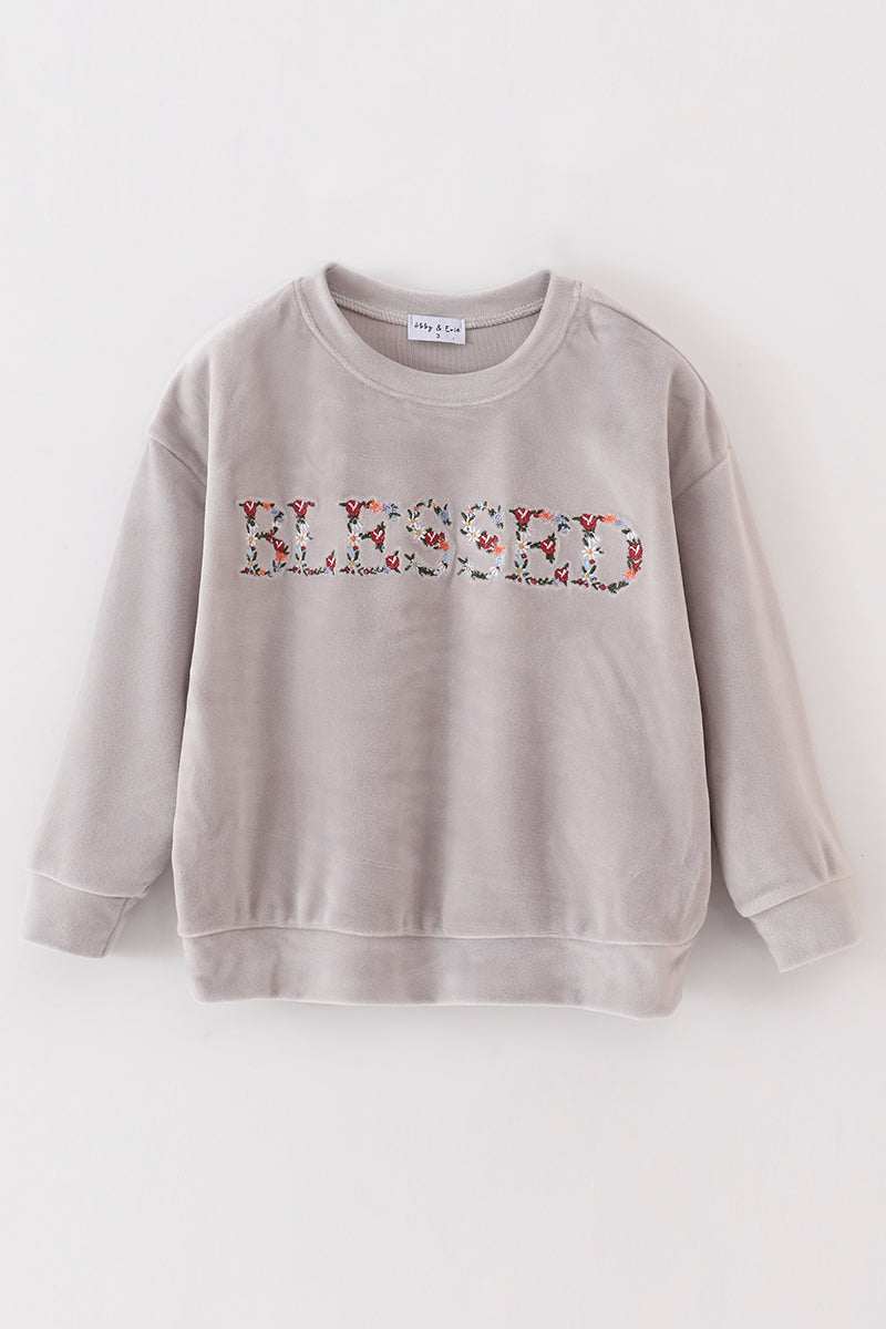 Grey velvet blessed embroidery mom&me sweatshirt