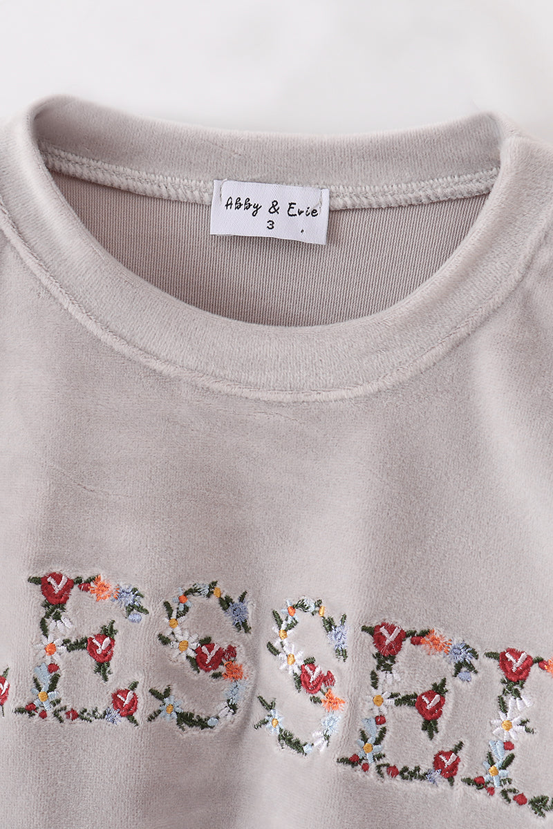 Grey velvet blessed embroidery mom&me sweatshirt