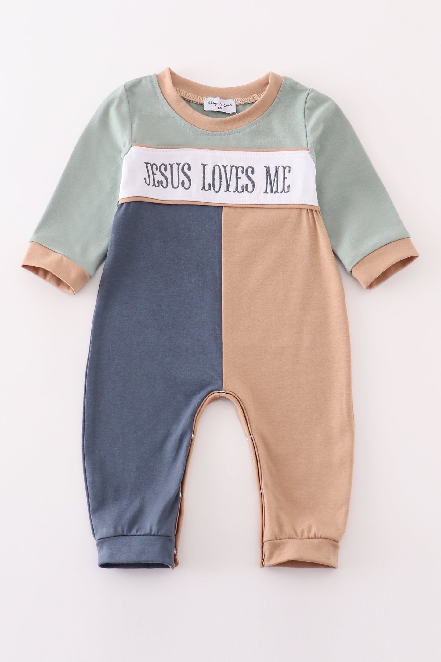 Color match jesus loves me embroidery boy romper