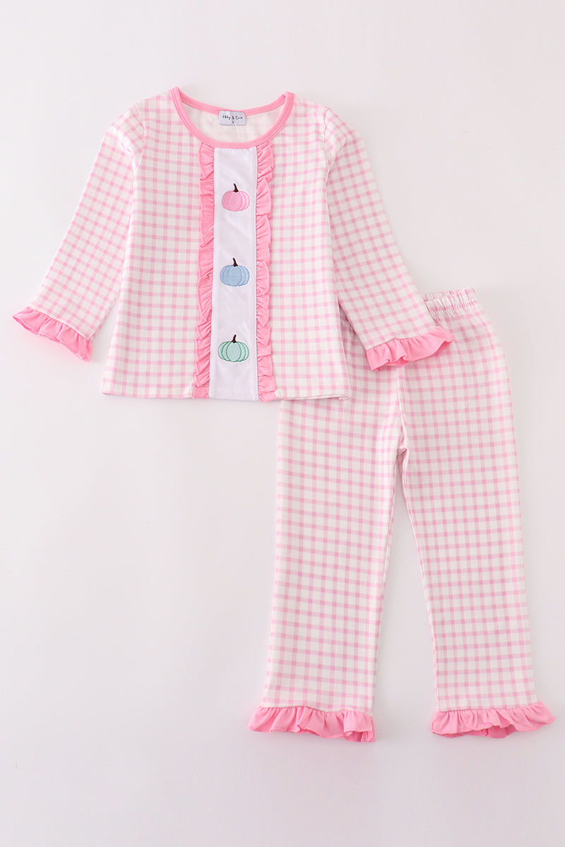 Pink pumpkin embroidery plaid girl set