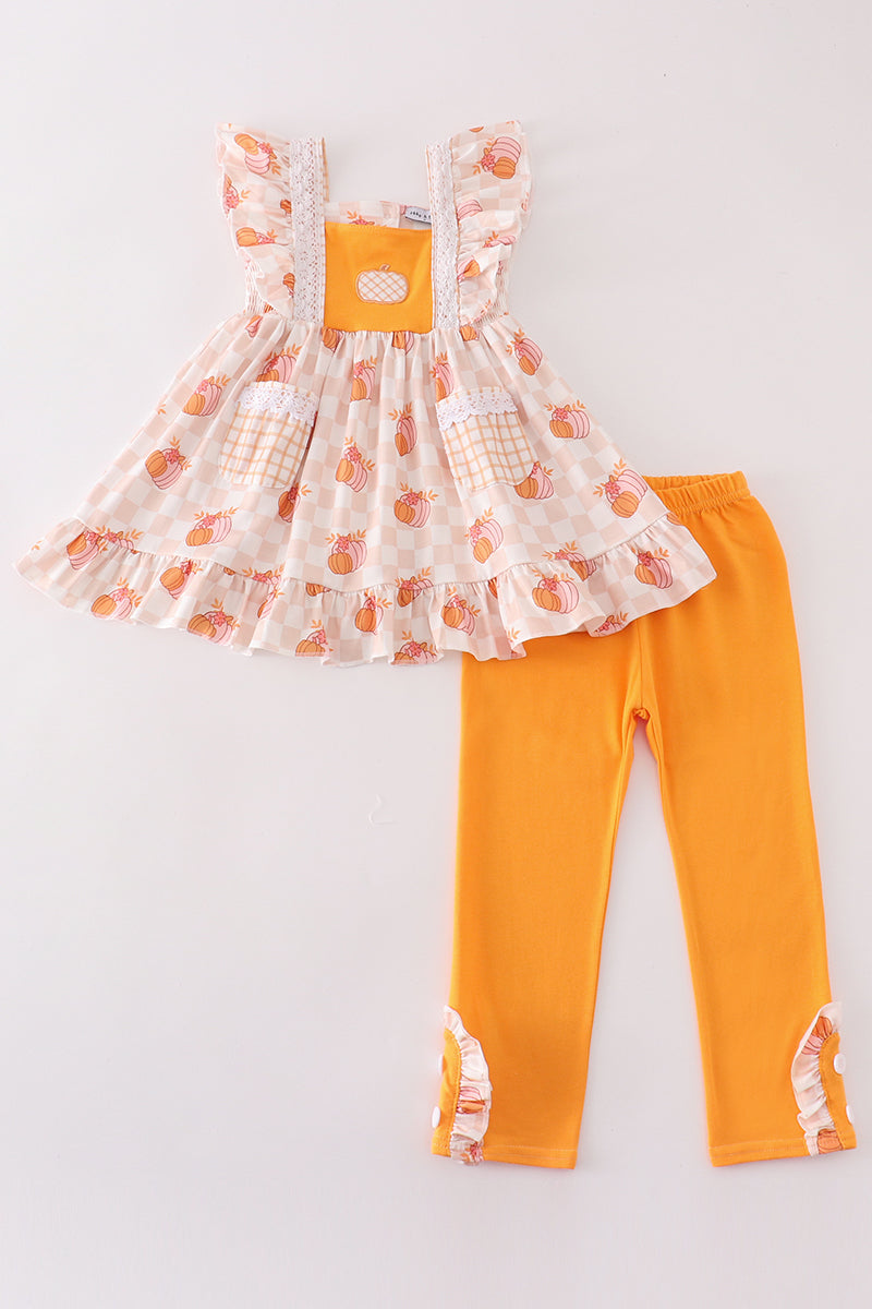 Orange pumpkin applique girl pants set