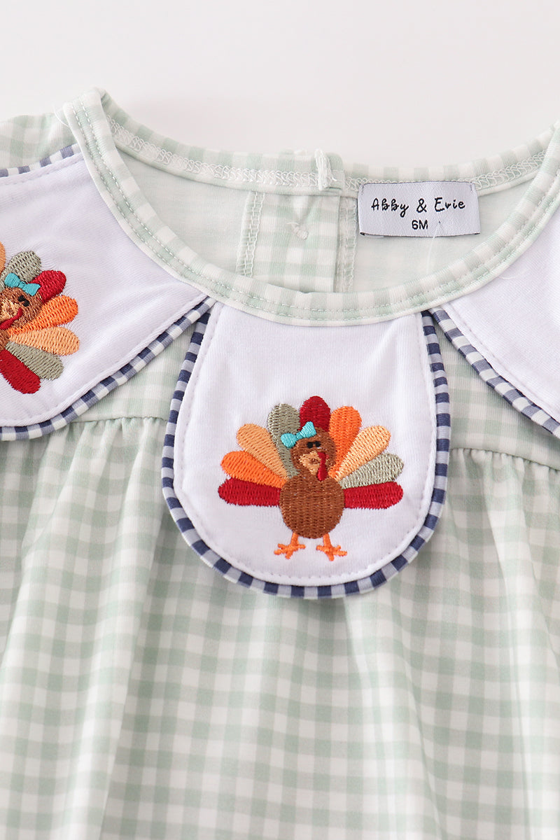 Sage turkey embroidery gingham girl bubble