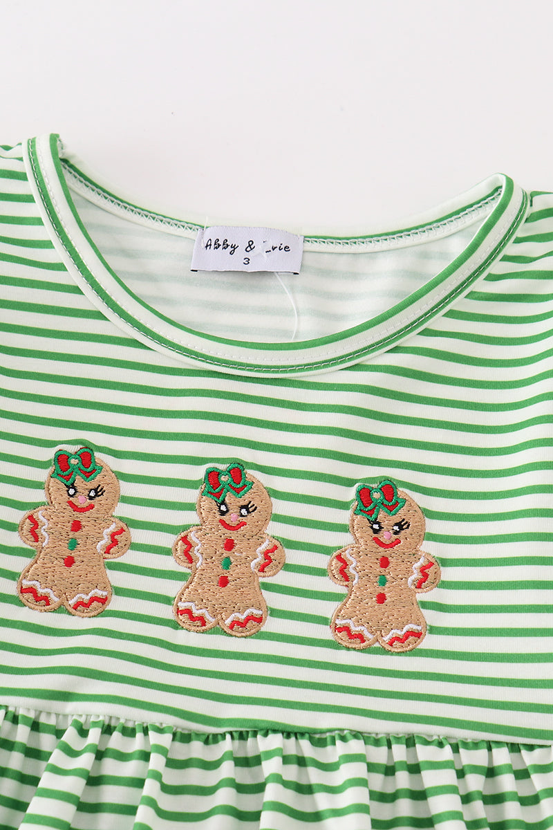 Green stripe christmas gingerbread embroidery dress