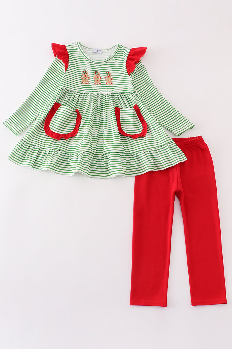 Green stripe christmas gingerbread embroidery girl set