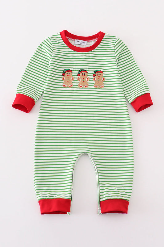 Green stripe christmas gingerbread embroidery boy set