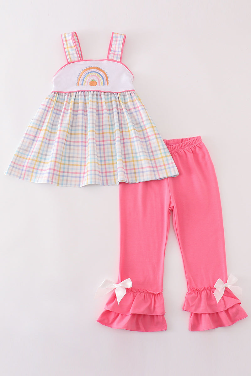 Rainbow pumpkin embroidery plaid girl set