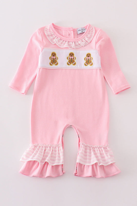 Pink gingerbread embroidery girl romper