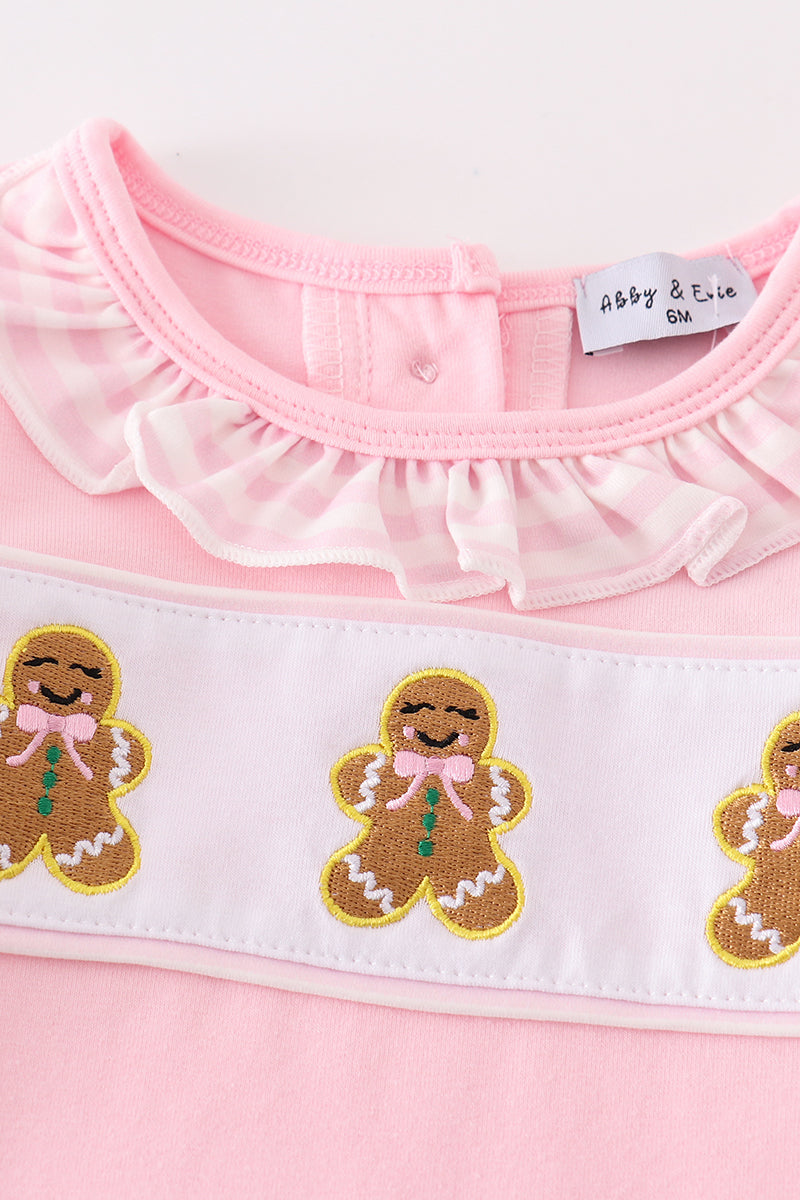 Pink gingerbread embroidery girl romper