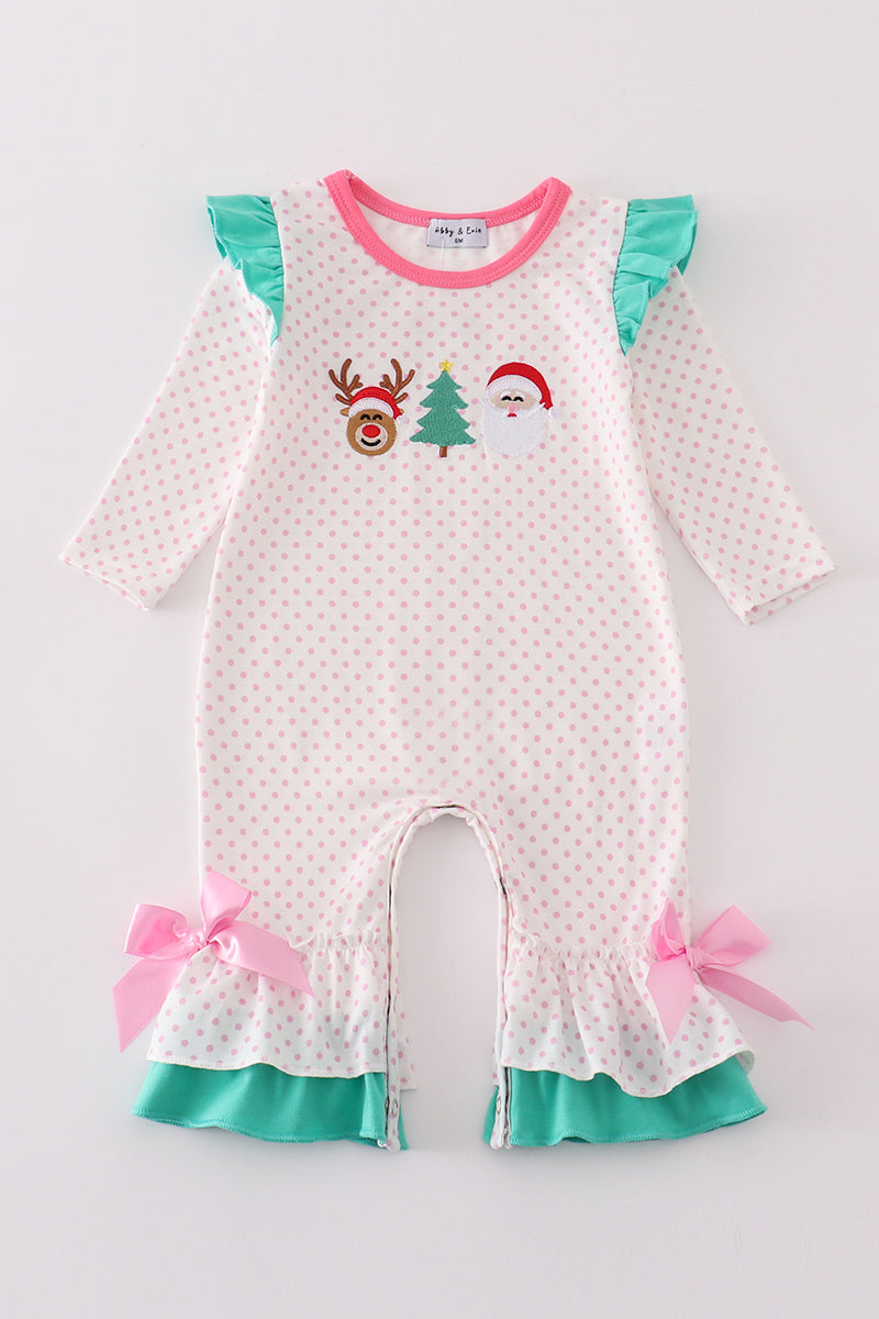 Pink christmas santa reindeer tree embroidery girl romper