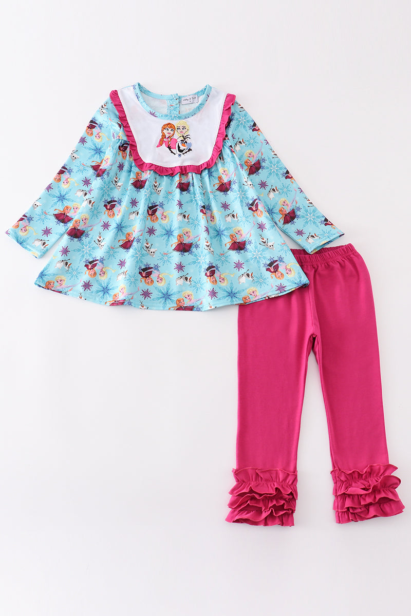 Blue princess embroidery ruffle girl set *F*r*o*z*e*n*