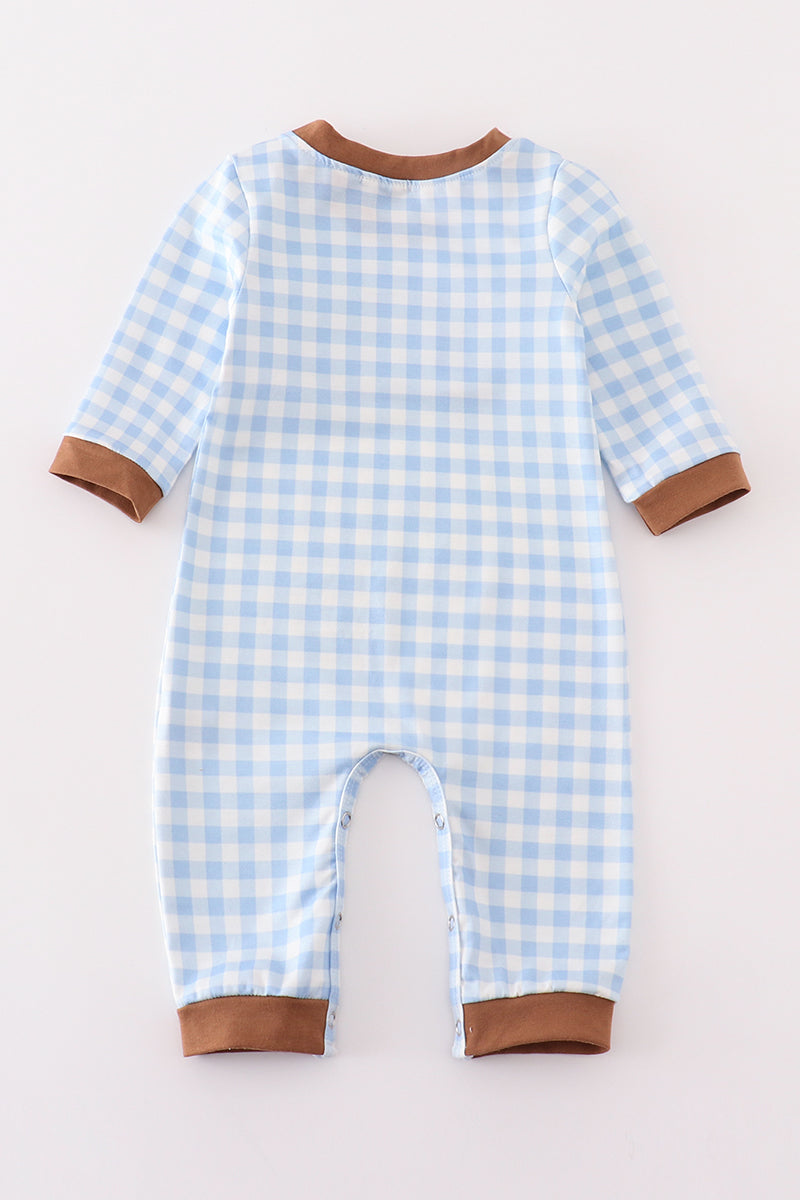 Blue western embroidery gingham boy romper