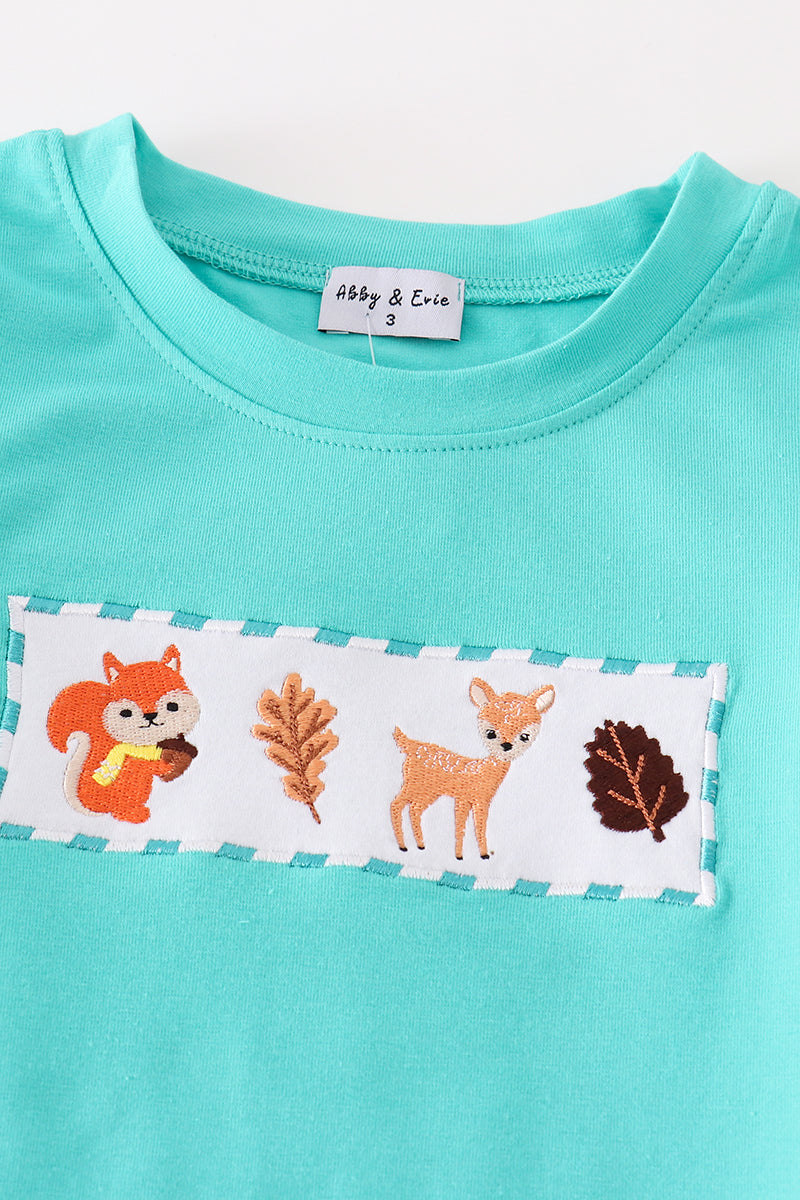 Teal floral print forest animal embroidery boy set