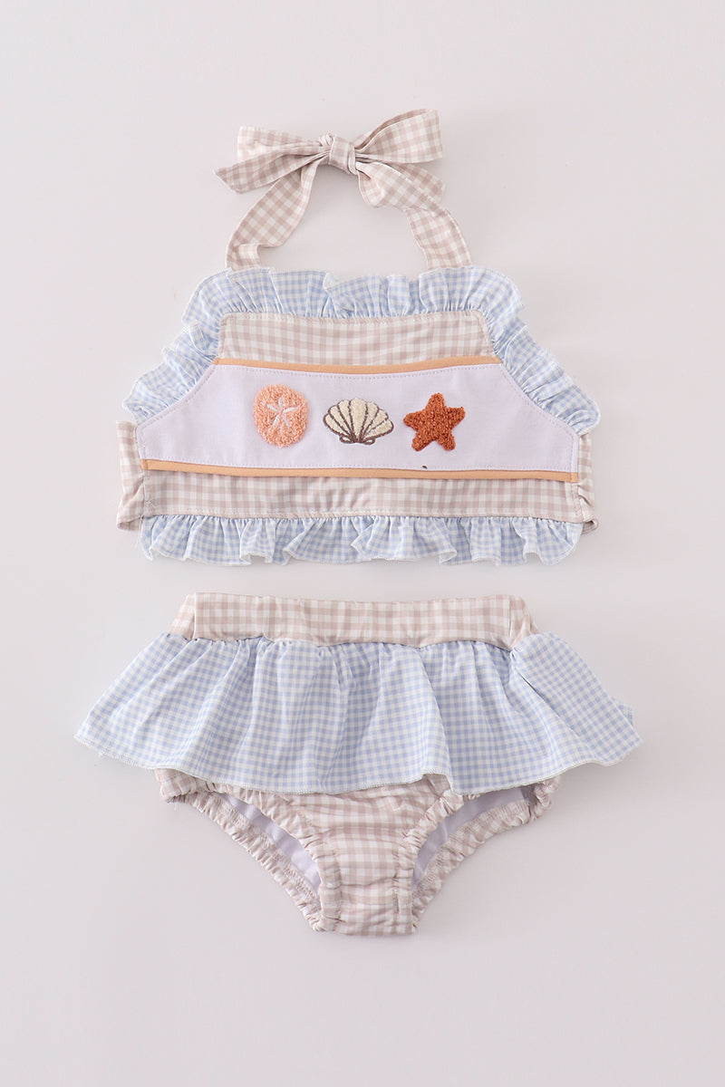 Khaki shells starfish french knot 2pc girl swimsuit