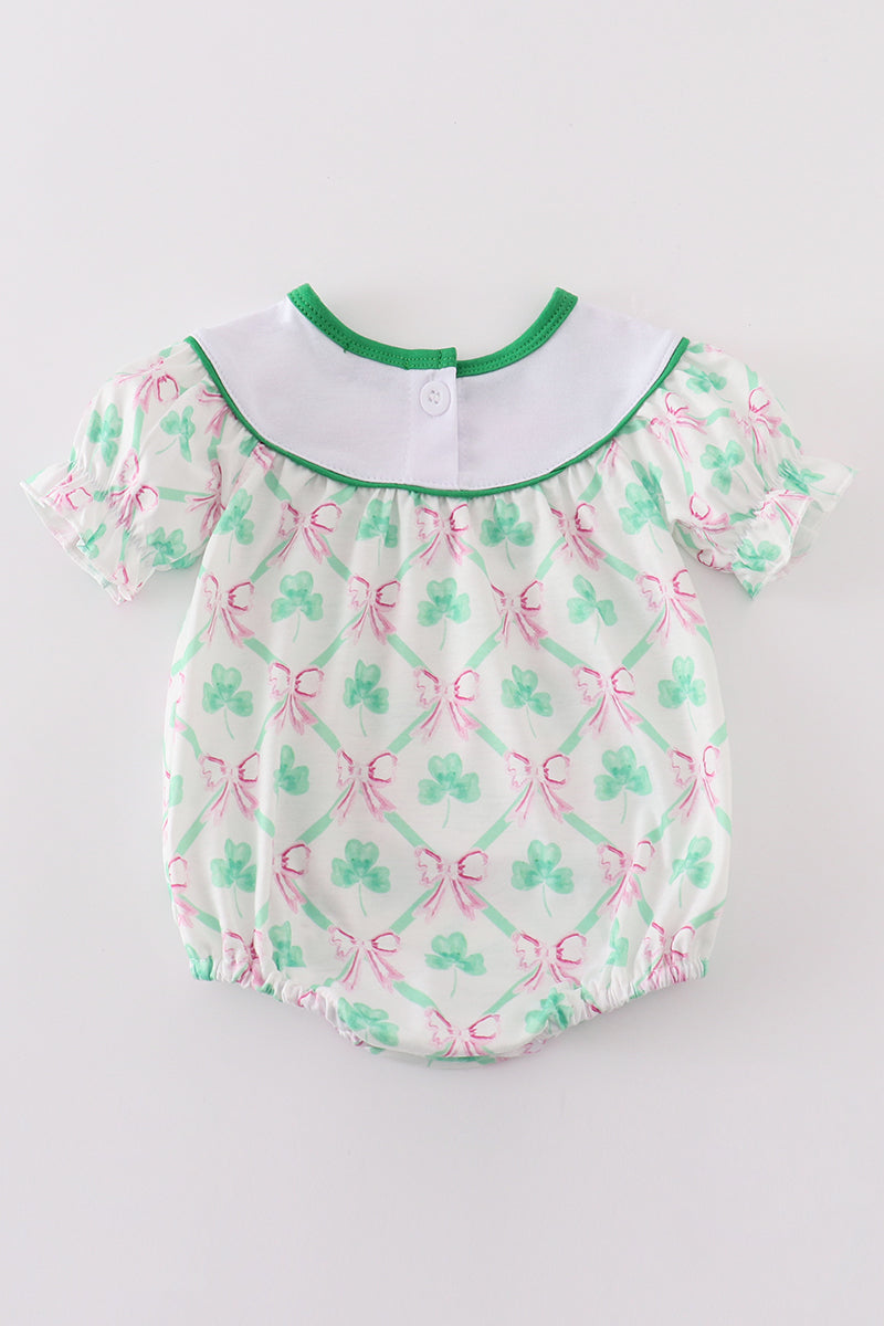 Green lucky clover bow embroidery girl bubble