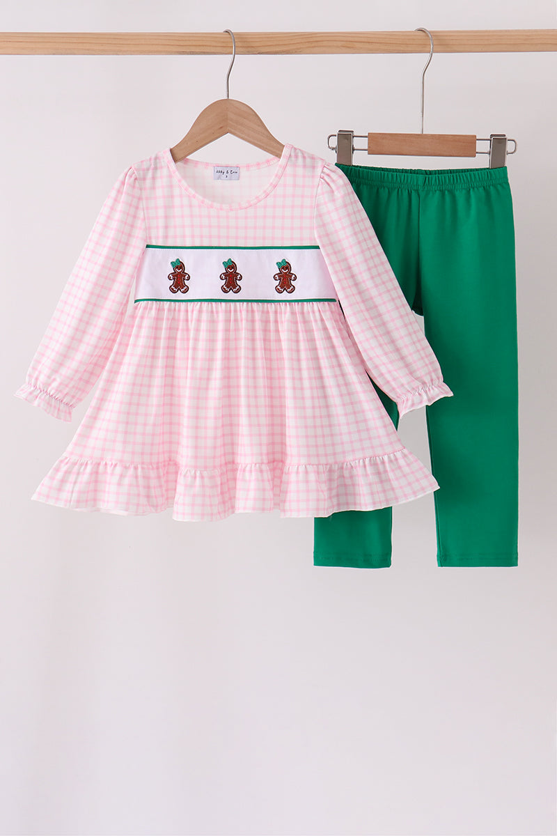 Pink Plaid Gingerbread Embroidery Ruffle Pants Set