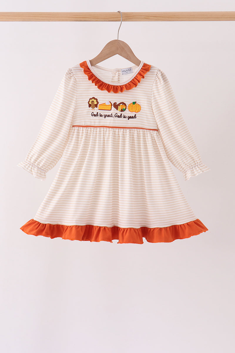 Cream turkey pumpkin embroidery ruffle dress