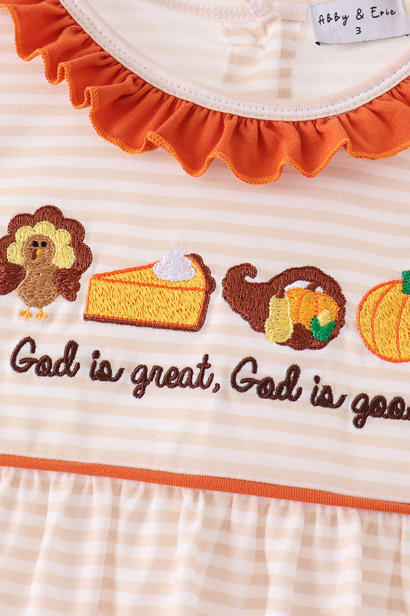 Cream turkey pumpkin embroidery ruffle dress