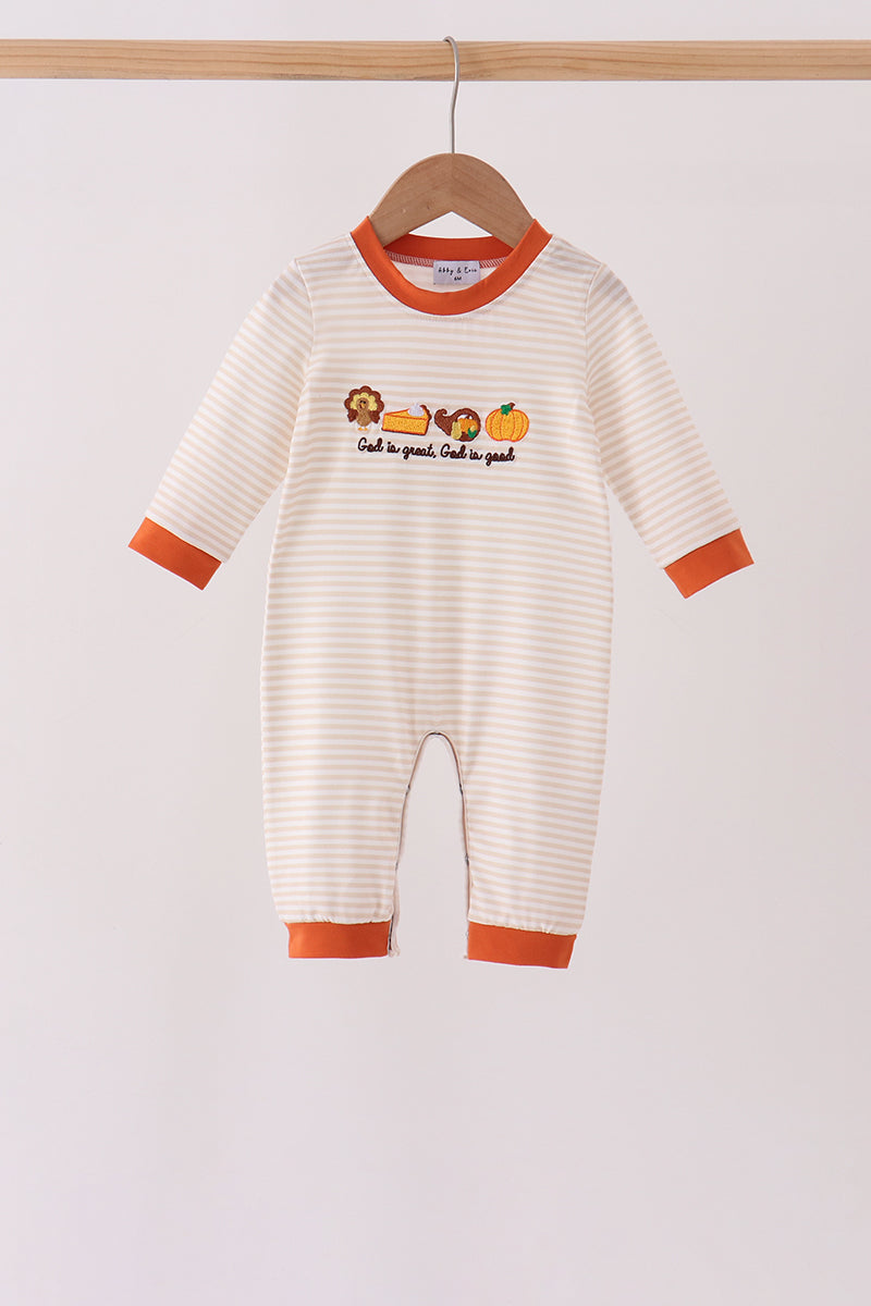 Cream turkey pumpkin embroidery romper
